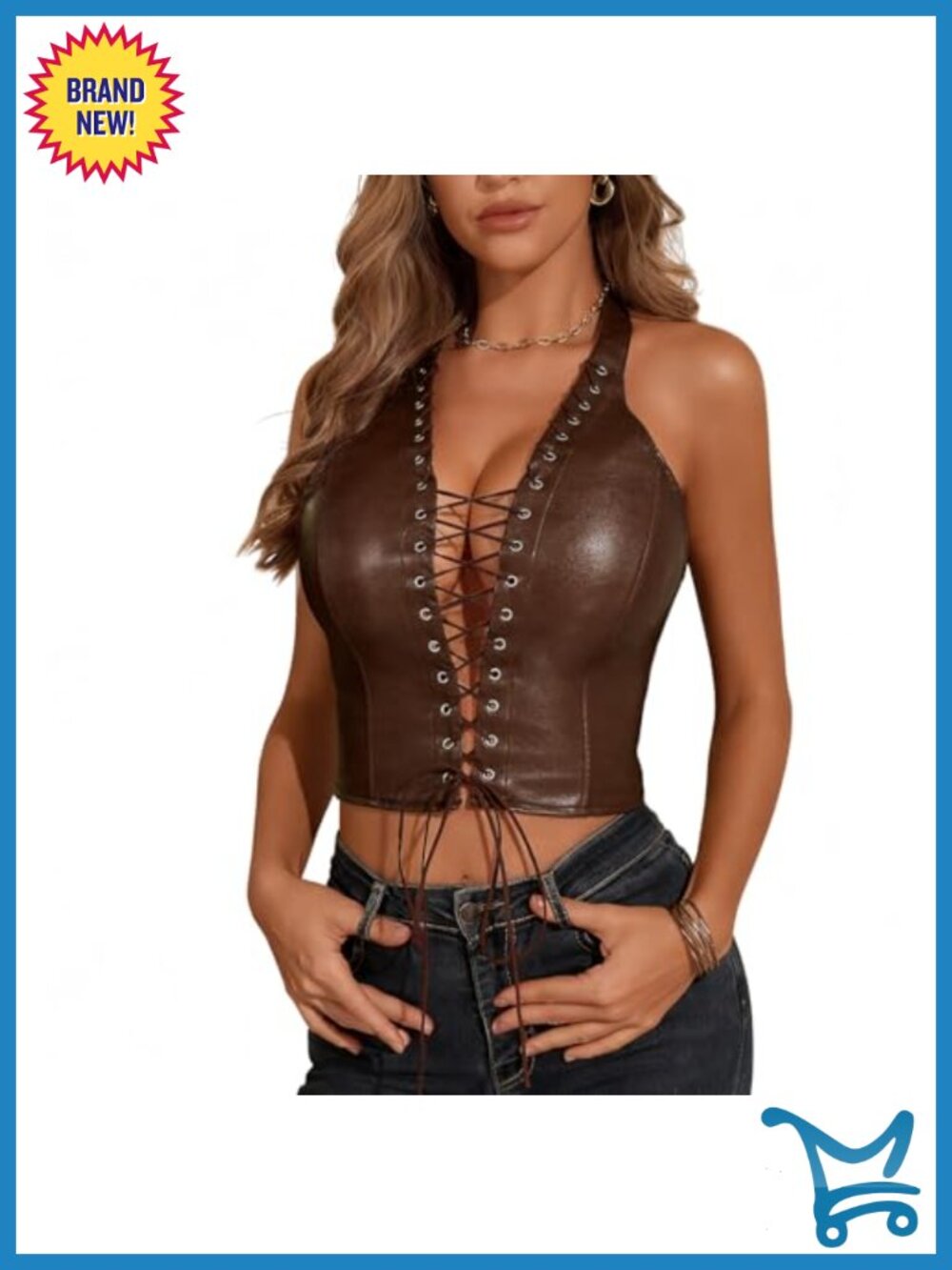 PU Faux Leather Halter Lace Up Front Crop Tank Top Sleeveless Backless Corset